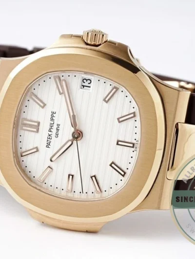 Replica Nautilus 5711-001 Patek Philippe 40 mm, Rose Gold, White Dial, Brown Rubber - Budget Luxury Replica Watch