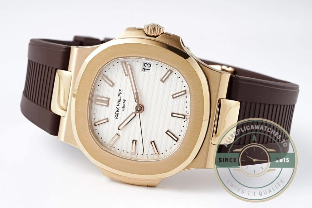 Replica Nautilus 5711-001 Patek Philippe 40 mm, Rose Gold, White Dial, Brown Rubber - Budget Luxury Replica Watch