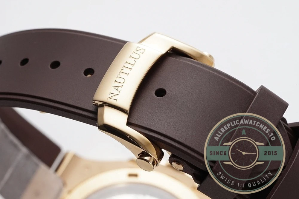 Replica Nautilus 5711-001 Patek Philippe 40 mm, Rose Gold, White Dial, Brown Rubber - High-Grade Replica Watch