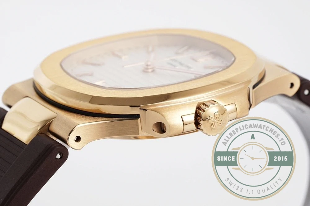 Replica Nautilus 5711-001 Patek Philippe 40 mm, Rose Gold, White Dial, Brown Rubber - Budget Luxury Replica Watch