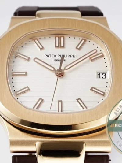 Replica Nautilus 5711-001 Patek Philippe 40 mm, Rose Gold, White Dial, Brown Rubber - Swiss Movement Replica Watch