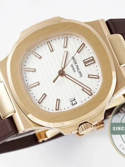 Replica Nautilus 5711-001 Patek Philippe 40 mm, Rose Gold, White Dial, Brown Rubber - Premium Super Clone Watch