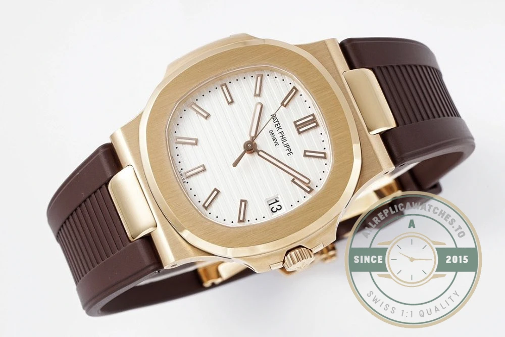 Replica Nautilus 5711-001 Patek Philippe 40 mm, Rose Gold, White Dial, Brown Rubber - Premium Super Clone Watch