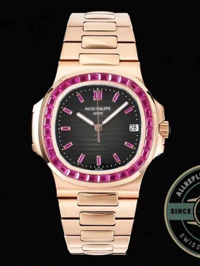 Replica Nautilus 5711/1A-018 Patek Philippe 40 mm, Rose Gold Black Dial Iced out - Budget Luxury Replica Watch