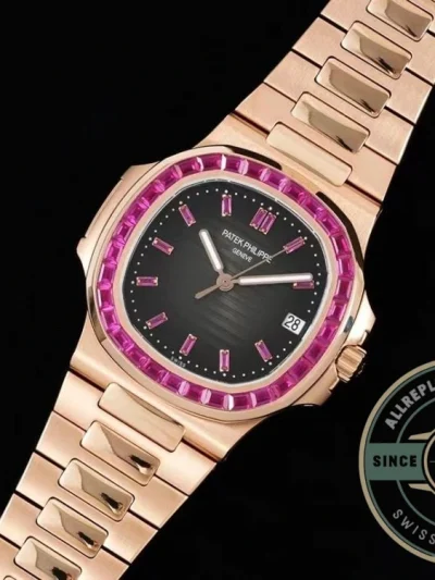 Replica Nautilus 5711/1A-018 Patek Philippe 40 mm, Rose Gold Black Dial Iced out - Swiss Movement Replica Watch