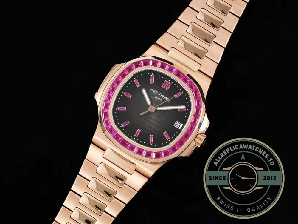 Replica Nautilus 5711/1A-018 Patek Philippe 40 mm, Rose Gold Black Dial Iced out - Swiss Movement Replica Watch