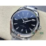 Three-link steel bracelet with butterfly clasp lying flat on the wrist, clone Omega Aqua Terra 41mm
