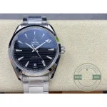 Anti-reflective sapphire crystal over the black dial of this super clone Omega Seamaster Aqua Terra