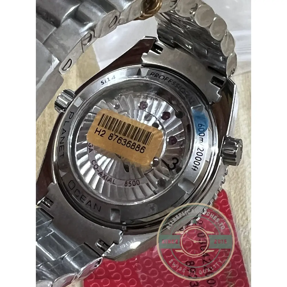 Uni-directional ceramic bezel with luminous pip at twelve, clone Omega Planet Ocean 42mm