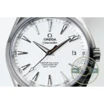 Applied indices catching light across the silver teak dial, Omega Aqua Terra clone