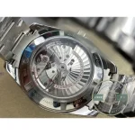 Rhodium-plated applied hour markers against sunburst blue, Aqua Terra clone dial