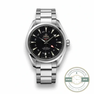 Black vertical teak dial on brown leather, clone Omega Aqua Terra GMT 231.13.43.22.01.001