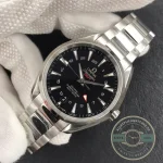 Deployant clasp on the leather of this clone Omega Seamaster Aqua Terra GMT, buckle open