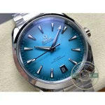 Teak-deck grooves giving the bright turquoise surface depth, clone Omega Aqua Terra at 41mm