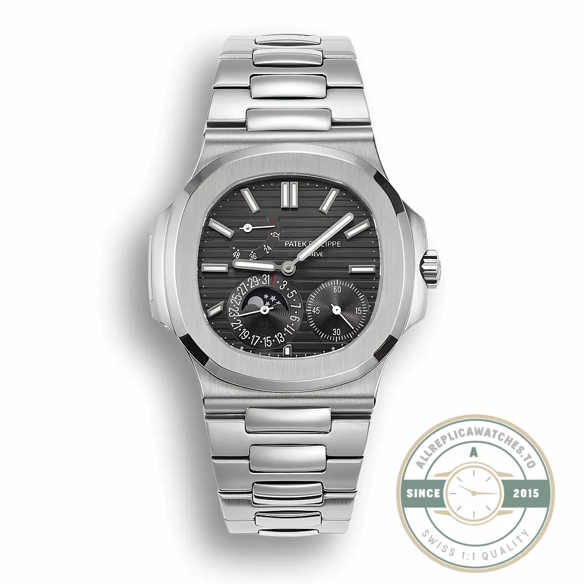 Replica Patek Philippe Nautilus Moon phases 40 mm, Stainless steel 5712/1A-001, Black Dial - Budget Luxury Replica Watch