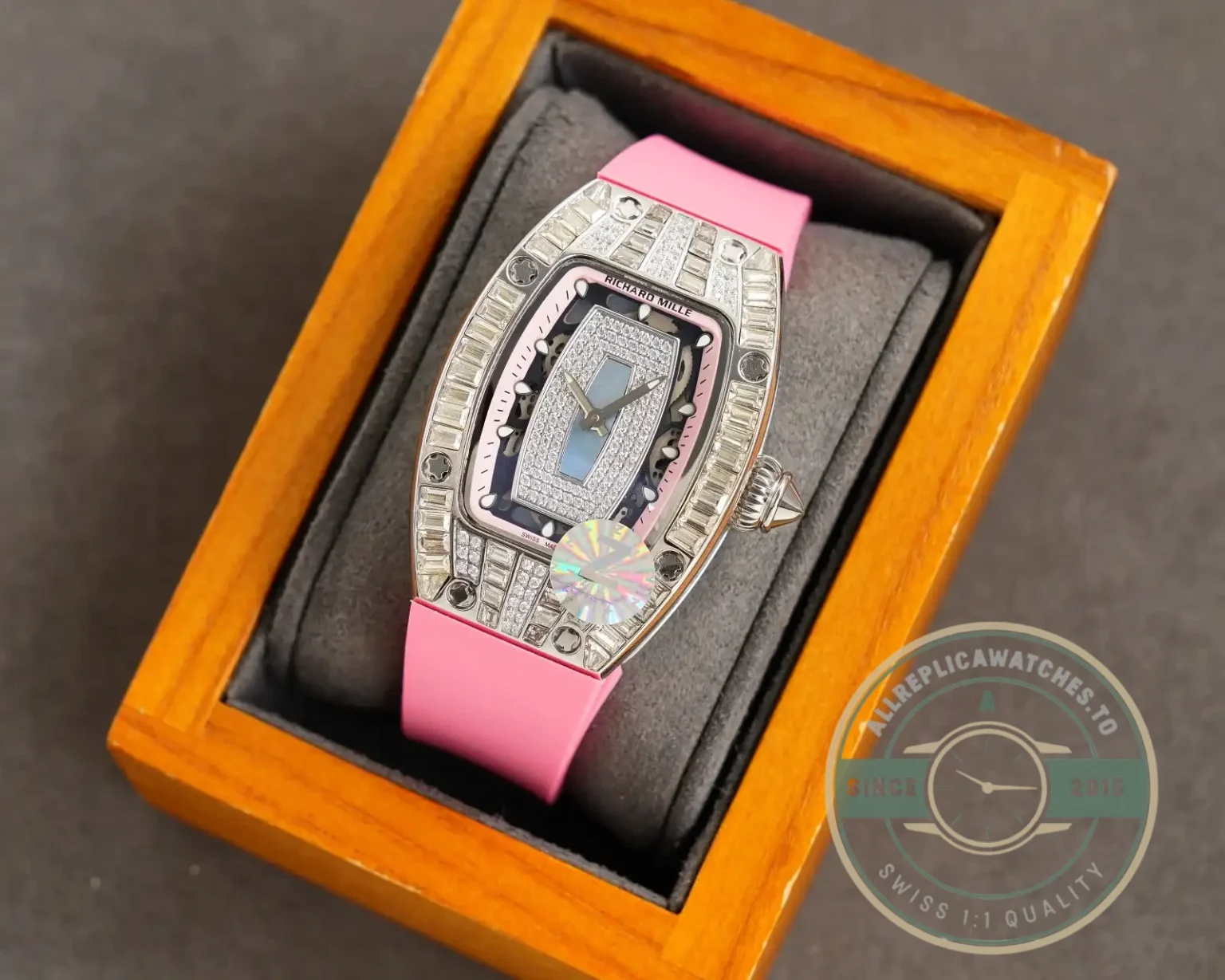 Replica Richard Mille 007-1 Diamond Crown Pink Strap - Budget Luxury Replica Watch