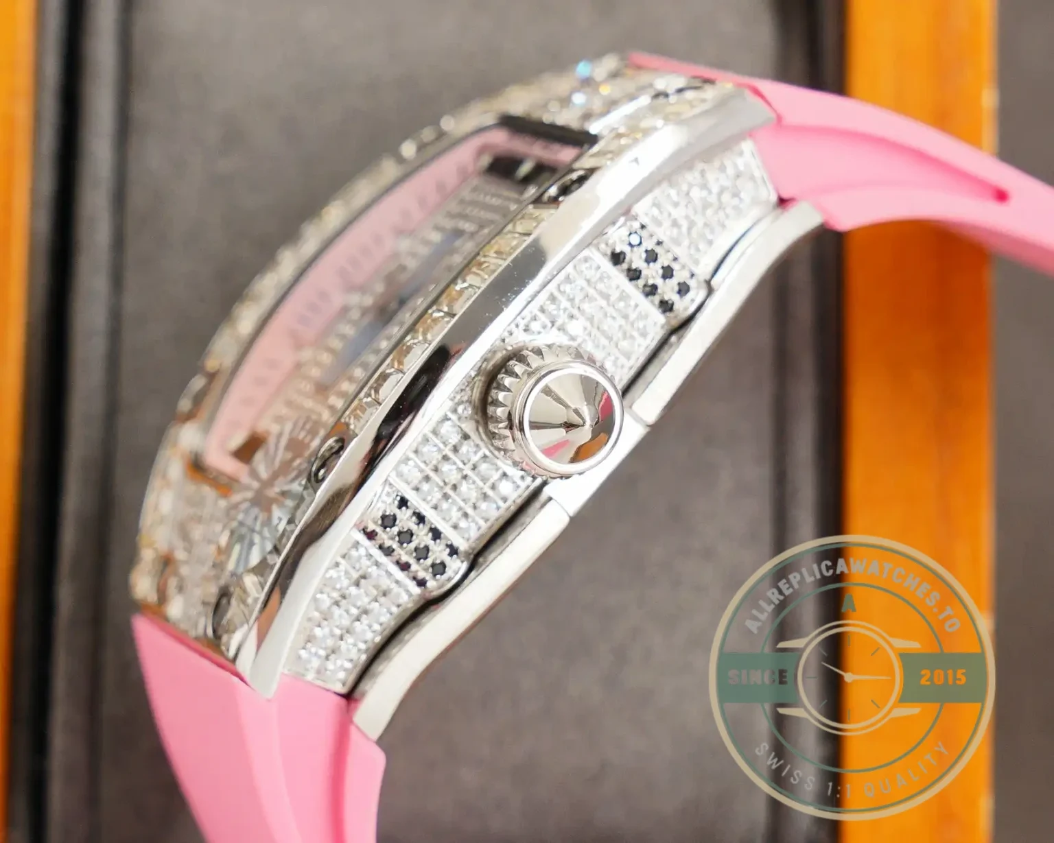 Replica Richard Mille 007-1 Diamond Crown Pink Strap - Factory Super Clone Watch