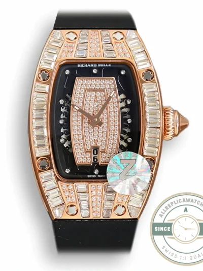 Replica Richard Mille 007-1 Diamond Crown Rose Gold Black Strap - Affordable Luxury Replica Timepiece
