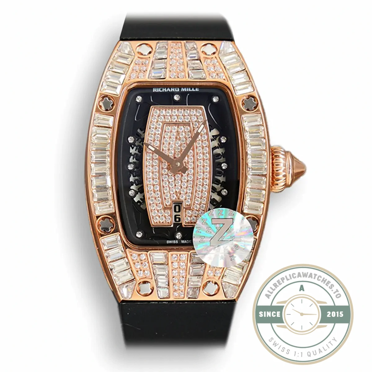 Replica Richard Mille 007-1 Diamond Crown Rose Gold Black Strap - Affordable Luxury Replica Timepiece