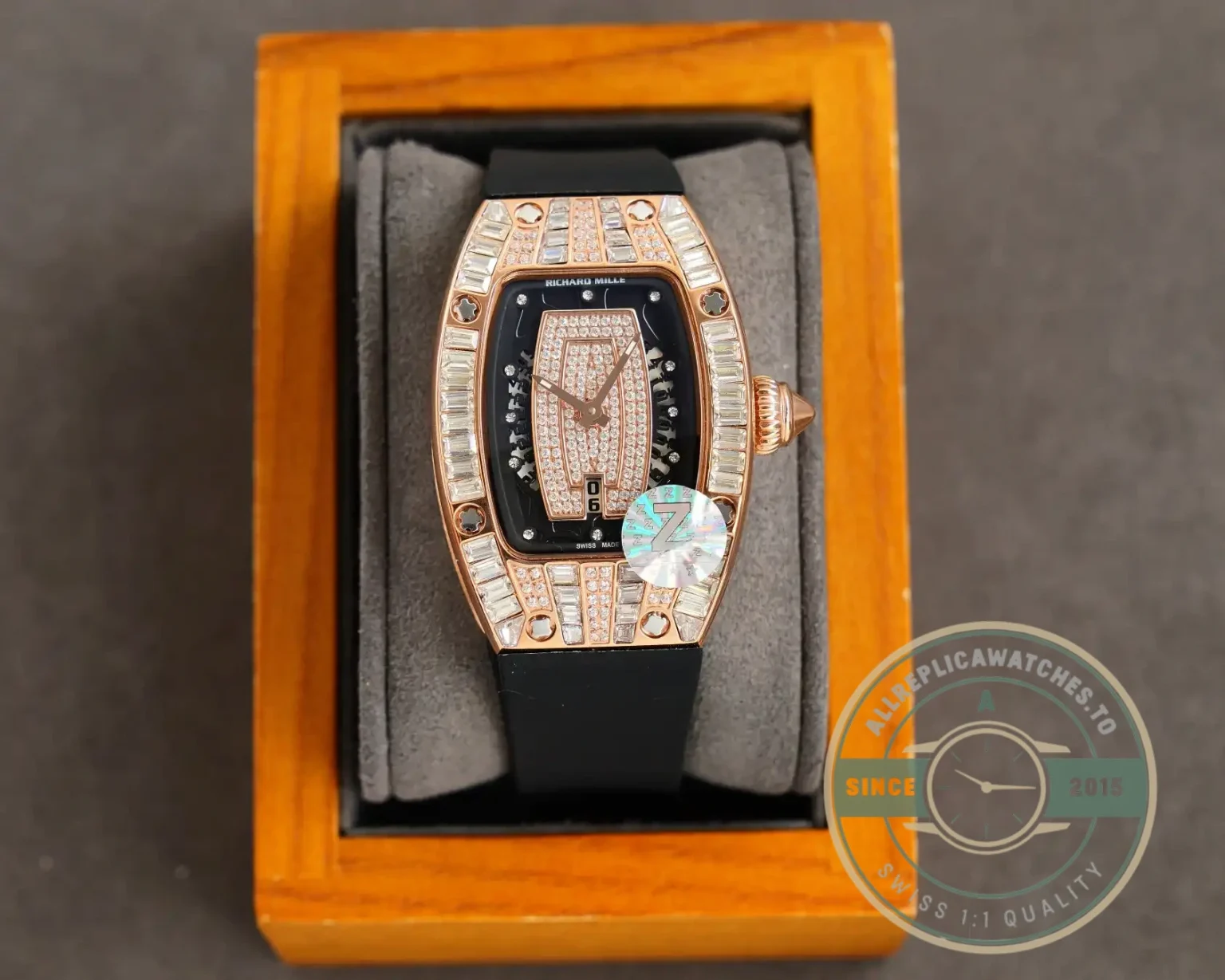 Replica Richard Mille 007-1 Diamond Crown Rose Gold Black Strap - Swiss Movement Replica Watch