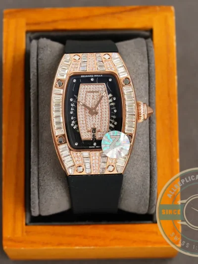 Replica Richard Mille 007-1 Diamond Crown Rose Gold Black Strap - Swiss Movement Replica Watch