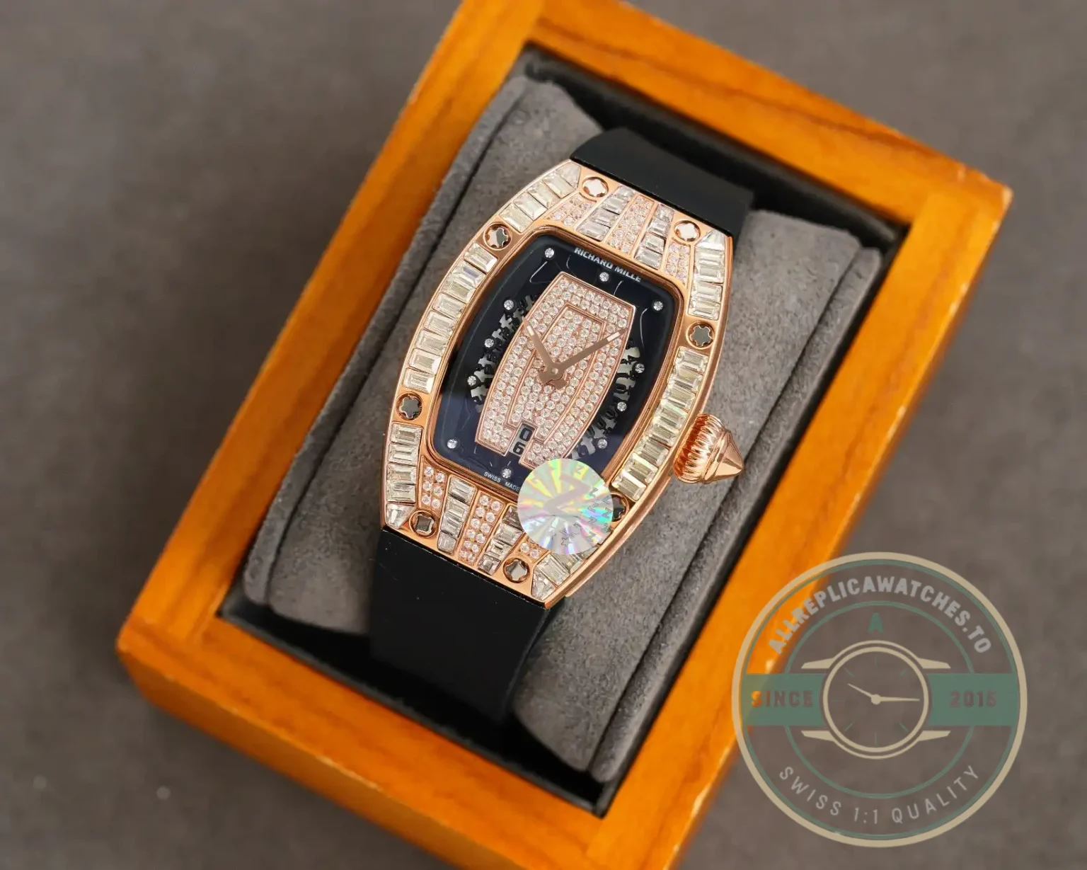 Replica Richard Mille 007-1 Diamond Crown Rose Gold Black Strap - 1:1 Swiss Replica Watch