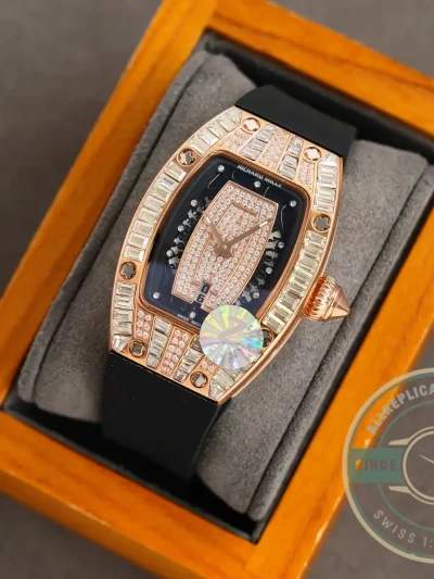 Replica Richard Mille 007-1 Diamond Crown Rose Gold Black Strap - 1:1 Swiss Replica Watch