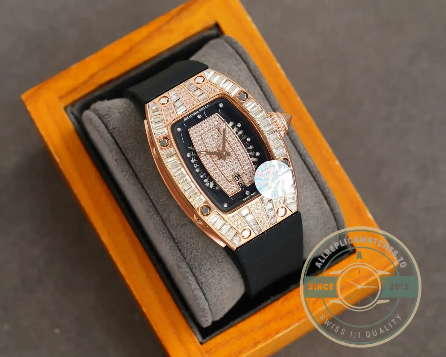 Replica Richard Mille 007-1 Diamond Crown Rose Gold Black Strap - 1:1 Swiss Replica Watch