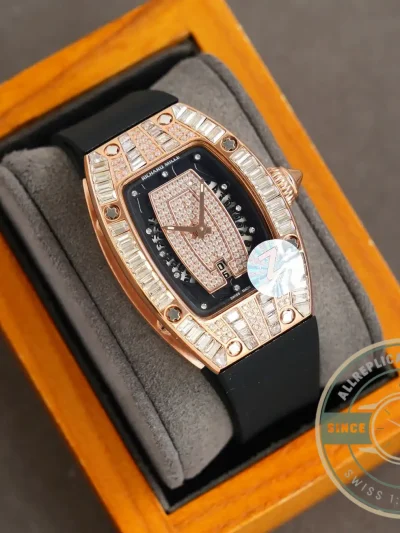Replica Richard Mille 007-1 Diamond Crown Rose Gold Black Strap - 1:1 Swiss Replica Watch