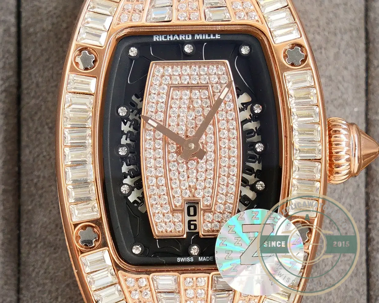 Replica Richard Mille 007-1 Diamond Crown Rose Gold Black Strap - Best Quality Replica Watch