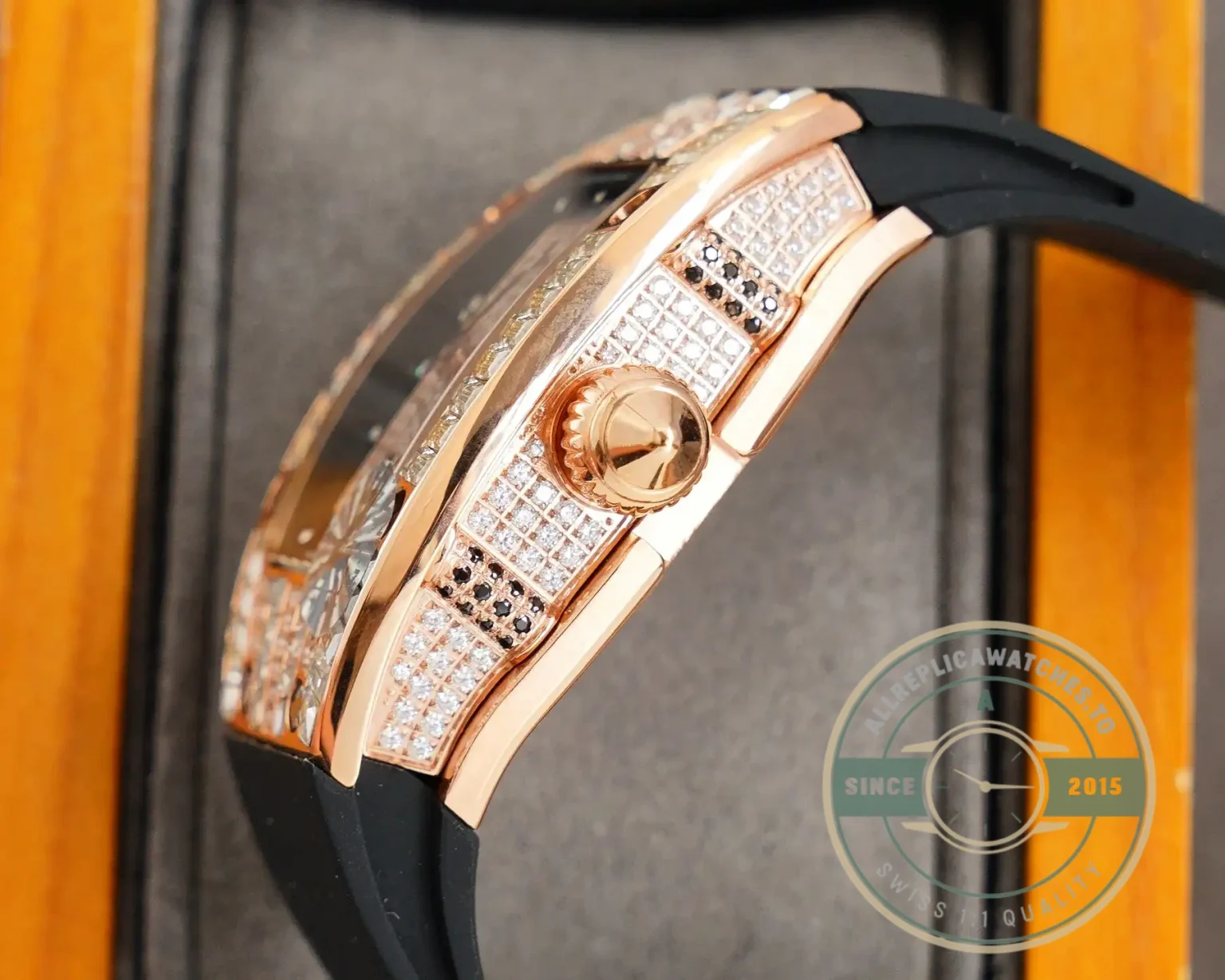 Replica Richard Mille 007-1 Diamond Crown Rose Gold Black Strap - 1:1 Swiss Replica Watch