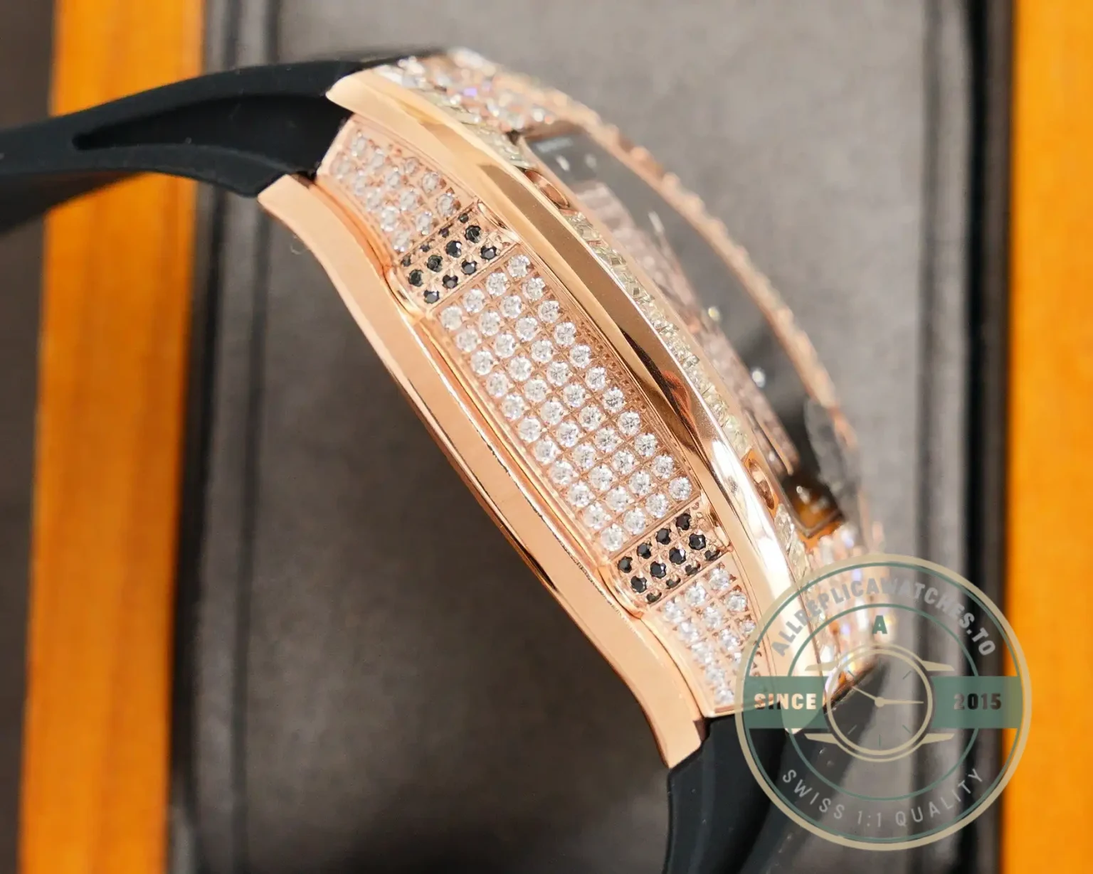 Replica Richard Mille 007-1 Diamond Crown Rose Gold Black Strap - Luxury Replica Watch