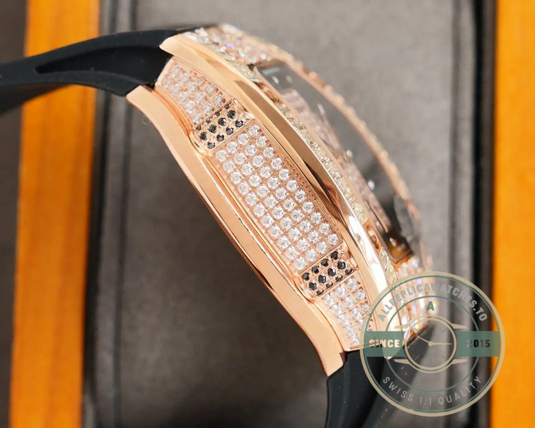 Replica Richard Mille 007-1 Diamond Crown Rose Gold Black Strap - Luxury Replica Watch