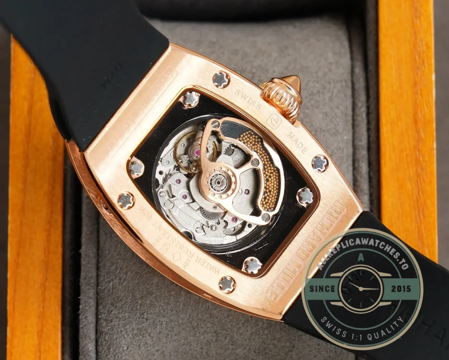 Replica Richard Mille 007-1 Diamond Crown Rose Gold Black Strap - Swiss-Made Clone Watch