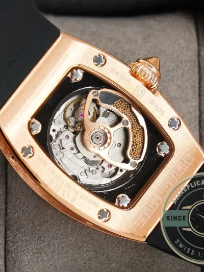 Replica Richard Mille 007-1 Diamond Crown Rose Gold Black Strap - Swiss-Made Clone Watch