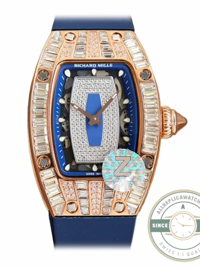 Replica Richard Mille 007-1 Diamond Crown Rose Gold Blue Strap - Swiss-Made Clone Watch