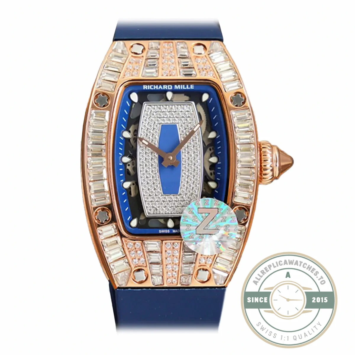 Replica Richard Mille 007-1 Diamond Crown Rose Gold Blue Strap - Swiss-Made Clone Watch