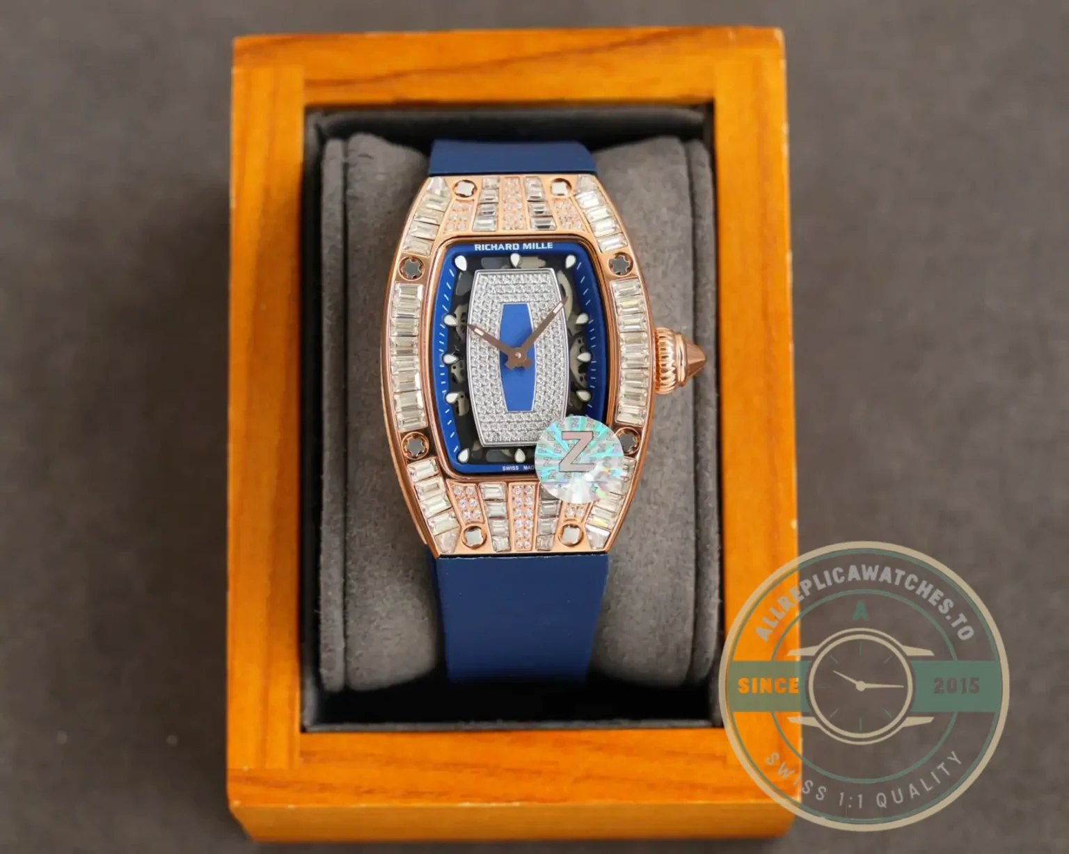 Replica Richard Mille 007-1 Diamond Crown Rose Gold Blue Strap - Luxury Replica Watch