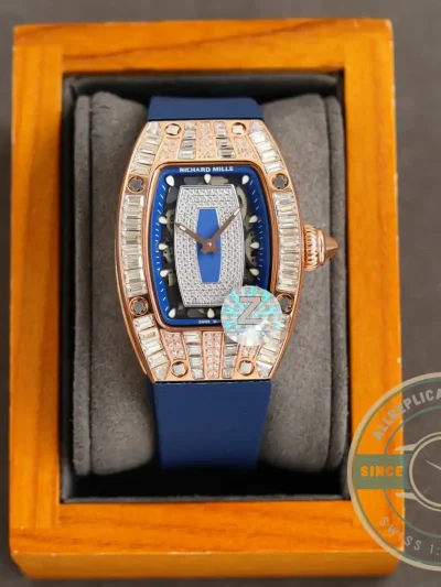 Replica Richard Mille 007-1 Diamond Crown Rose Gold Blue Strap - Luxury Replica Watch