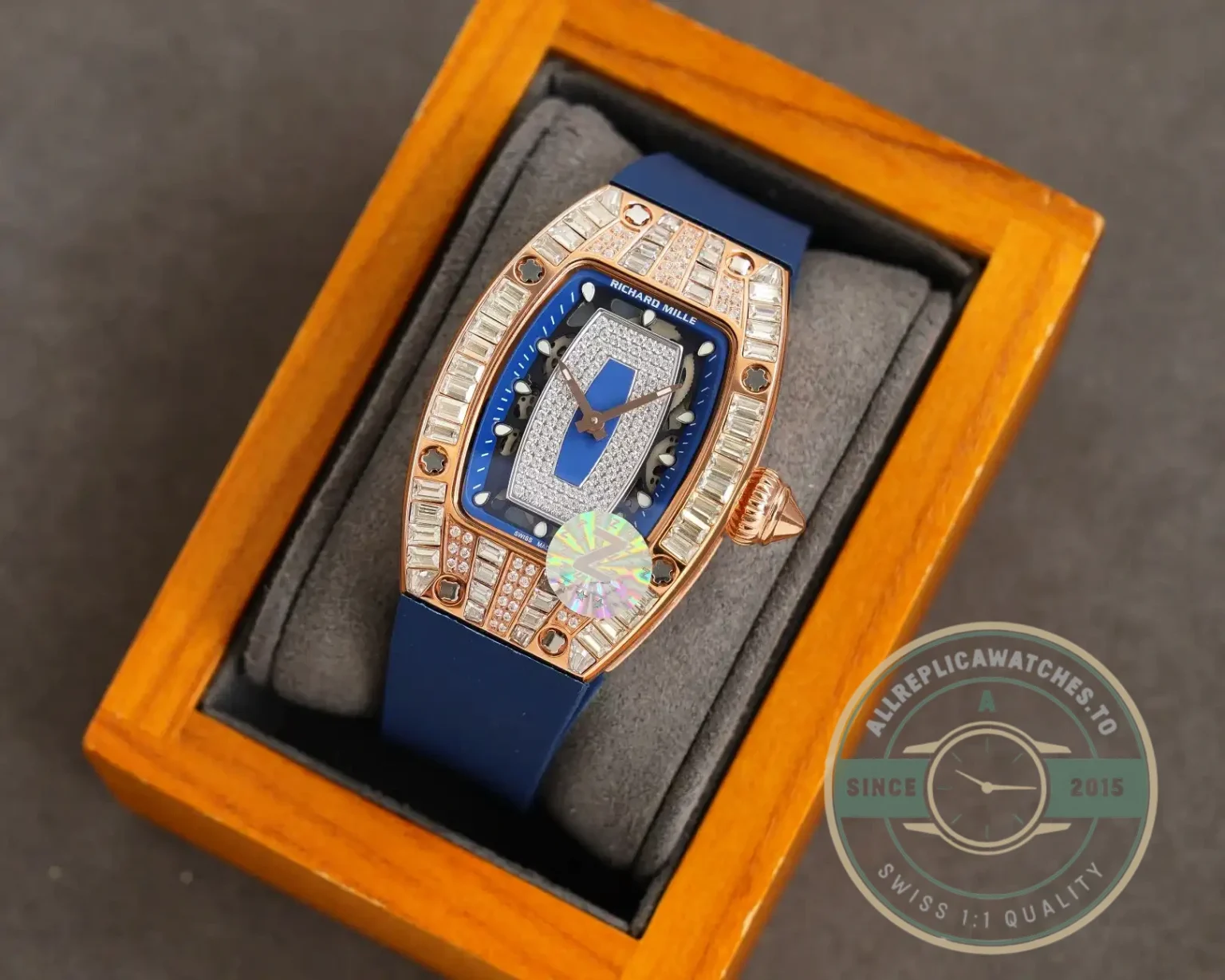 Replica Richard Mille 007-1 Diamond Crown Rose Gold Blue Strap - Affordable Super Clone Watch