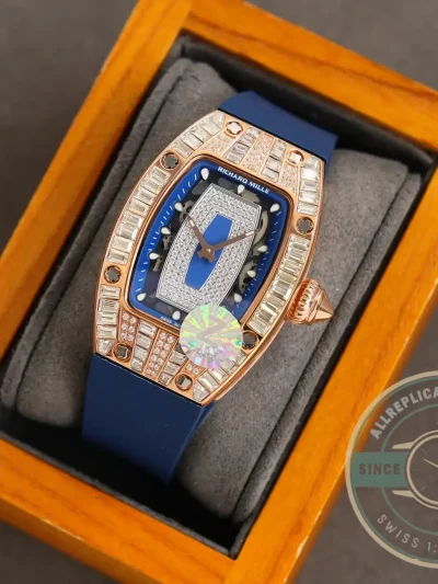 Replica Richard Mille 007-1 Diamond Crown Rose Gold Blue Strap - Affordable Super Clone Watch