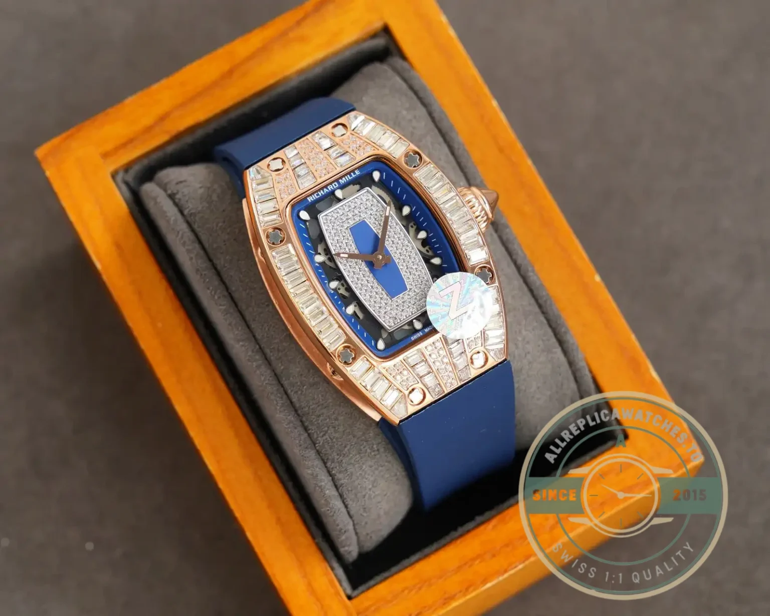 Replica Richard Mille 007-1 Diamond Crown Rose Gold Blue Strap - Swiss Movement Replica Watch