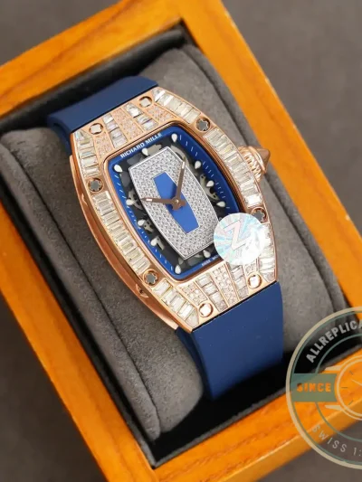 Replica Richard Mille 007-1 Diamond Crown Rose Gold Blue Strap - Swiss Movement Replica Watch