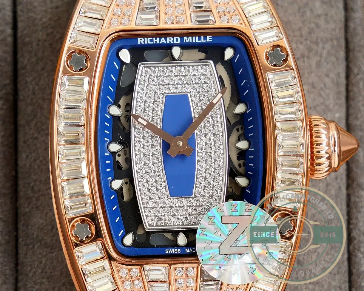 Replica Richard Mille 007-1 Diamond Crown Rose Gold Blue Strap - Affordable Luxury Replica Timepiece
