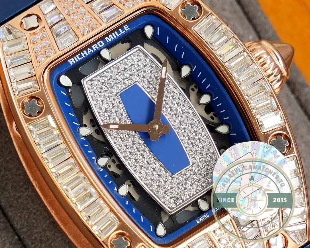 Replica Richard Mille 007-1 Diamond Crown Rose Gold Blue Strap - Budget Luxury Replica Watch