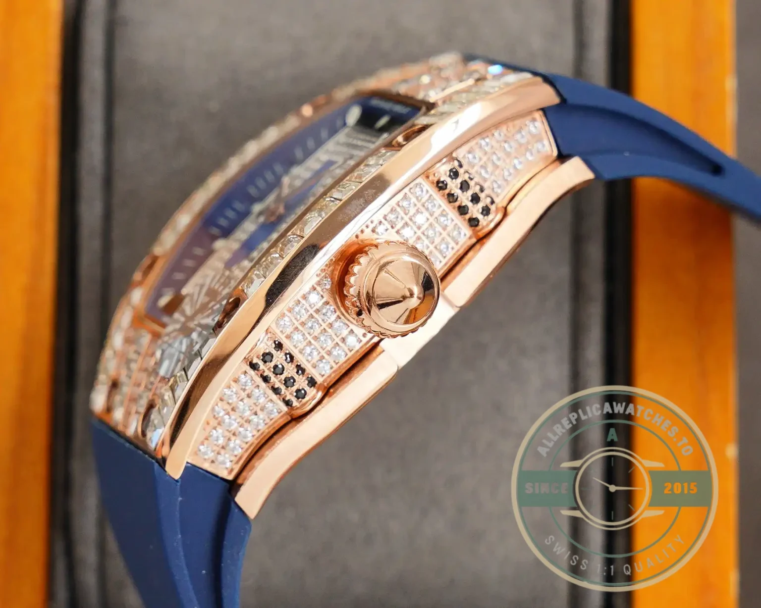 Replica Richard Mille 007-1 Diamond Crown Rose Gold Blue Strap - Affordable Luxury Replica Timepiece