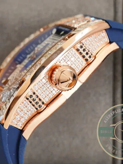 Replica Richard Mille 007-1 Diamond Crown Rose Gold Blue Strap - Affordable Luxury Replica Timepiece