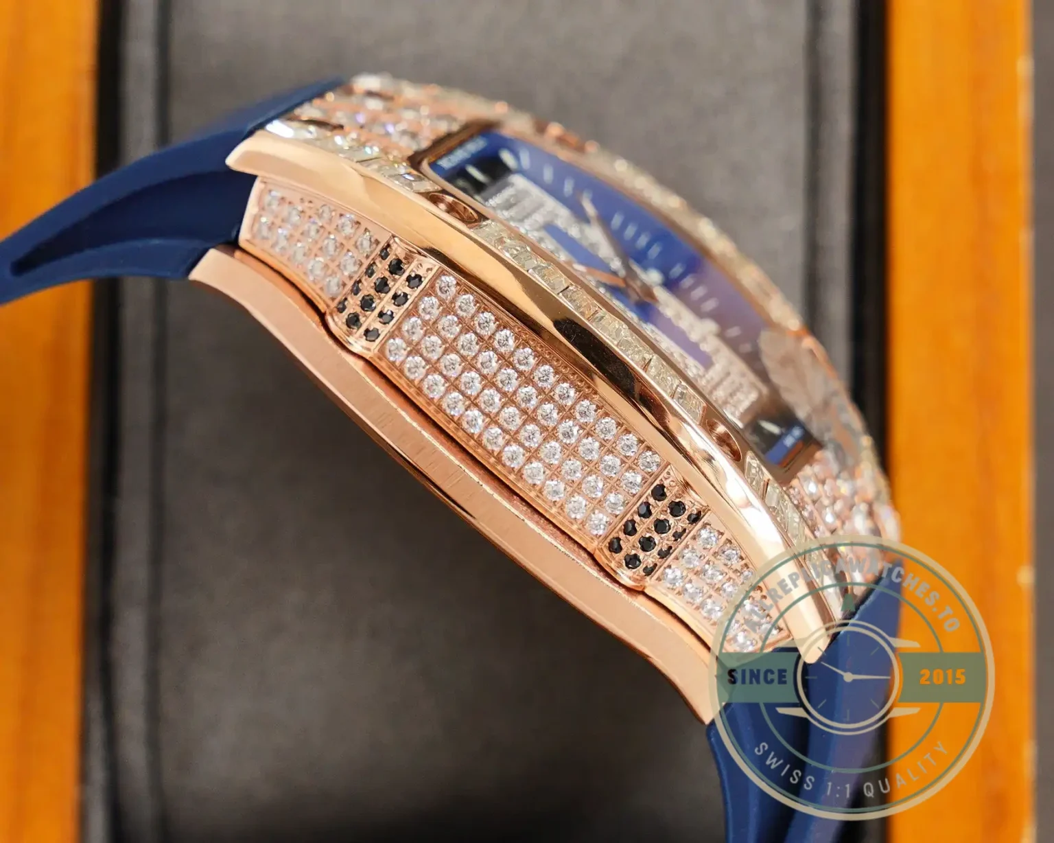 Replica Richard Mille 007-1 Diamond Crown Rose Gold Blue Strap - Top-Tier Swiss Replica Watch