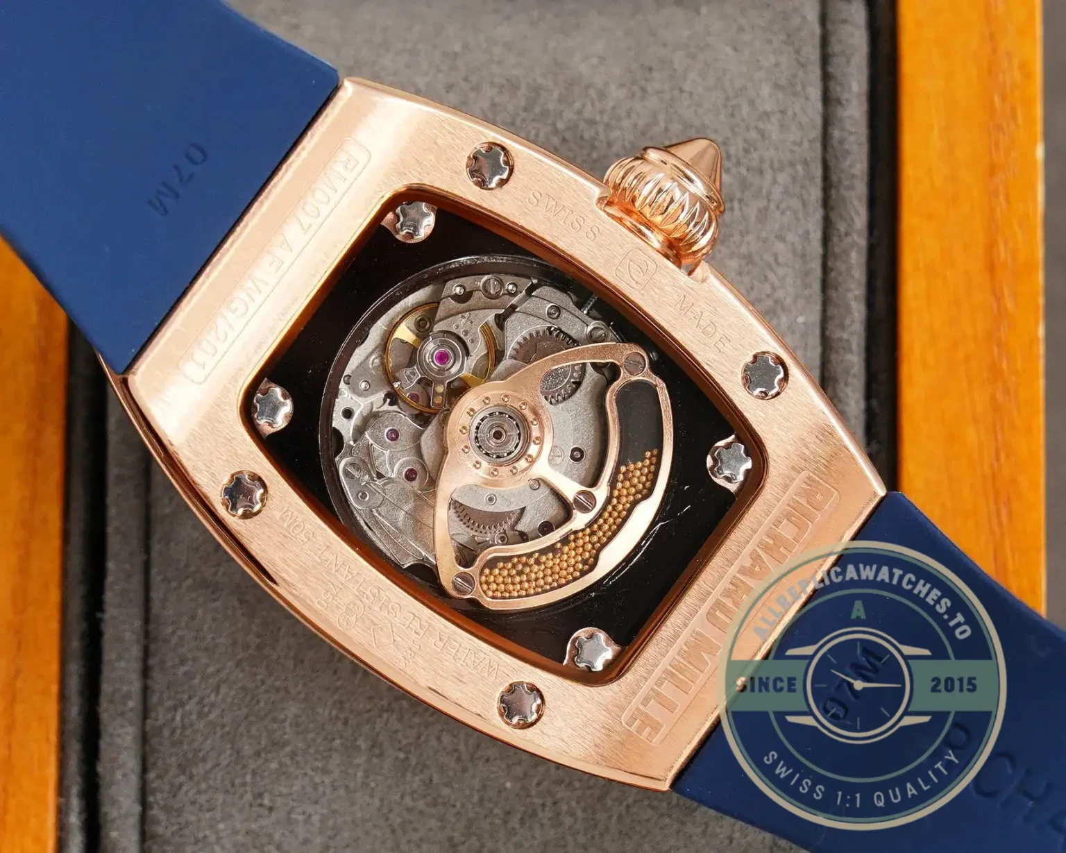 Replica Richard Mille 007-1 Diamond Crown Rose Gold Blue Strap - Budget Luxury Replica Watch