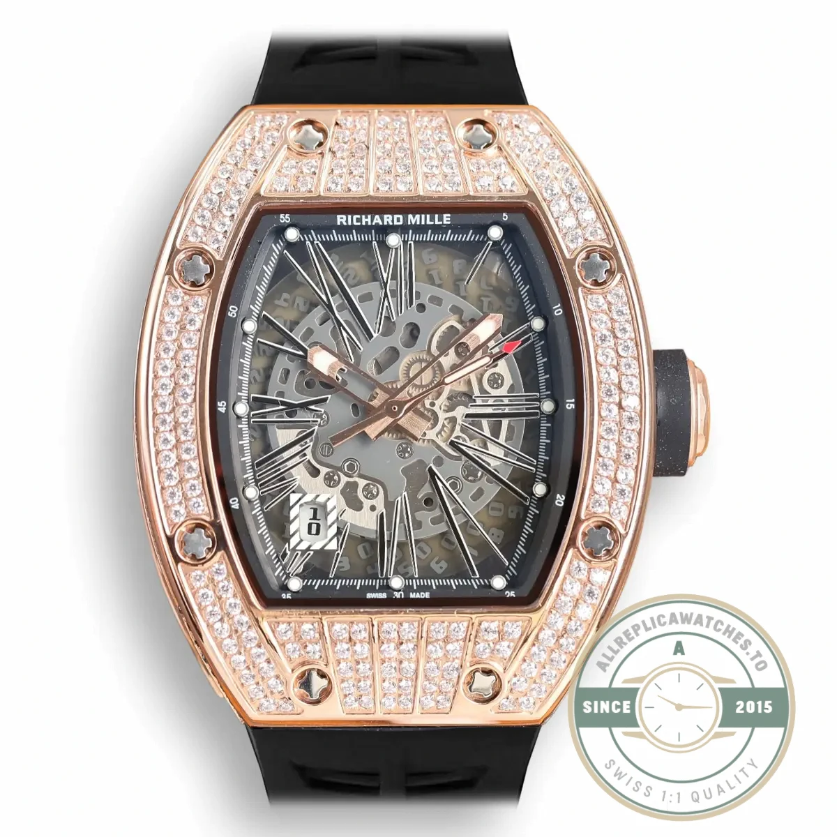 Replica Richard Mille 010 Rose Gold Diamonds Black Strap - Top-Tier Swiss Replica Watch